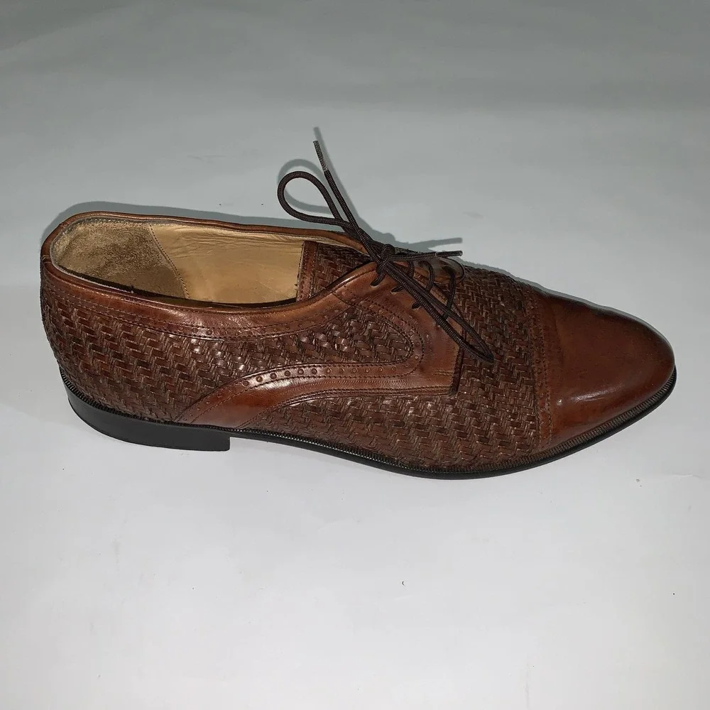 Johnston & Murphy Domani Shoes Mens 10.5 M Brown Woven Cap Toe Derby Dress Italy